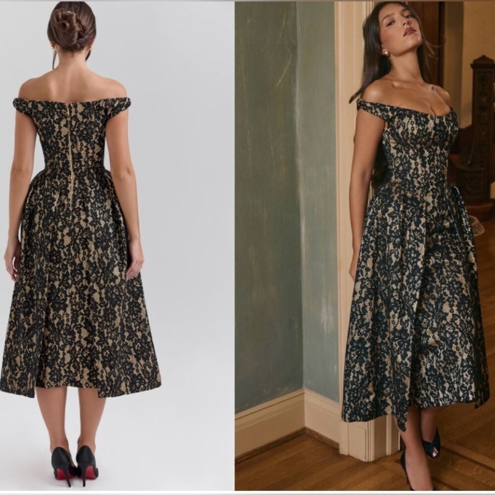 House of CB Black Lace-Overlay Off-Shoulder Midi Dress